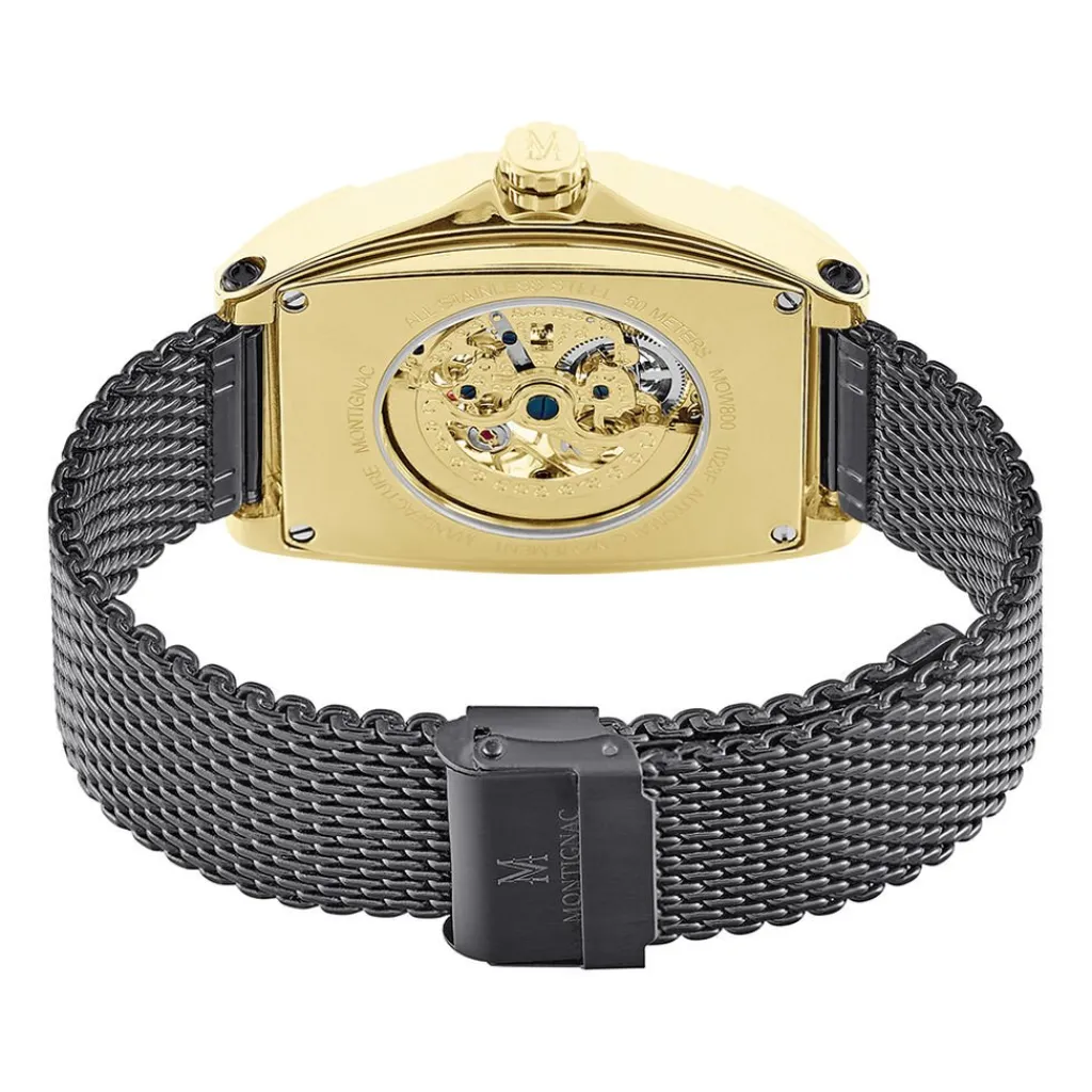 MONTIGNAC Montre Tonneau Automatique Noir cadran doré fond noir bracelet acier noir Sale