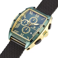 MONTIGNAC Montre Tonneau Vert cadran doré fond vert bracelet acier noir New