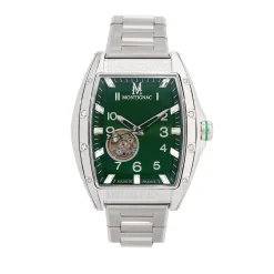 MONTIGNAC Montre Tonneau Automatique Vert cadran argenté fond vert bracelet acier argenté Outlet