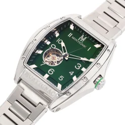 MONTIGNAC Montre Tonneau Automatique Vert cadran argenté fond vert bracelet acier argenté Outlet