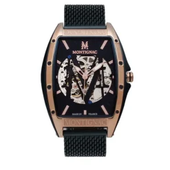 MONTIGNAC Montre Tonneau Automatique Bleu cadran rose fond bleu bracelet acier bleu Discount