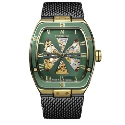 MONTIGNAC Montre Tonneau Automatique Vert cadran doré fond vert bracelet acier noir Clearance