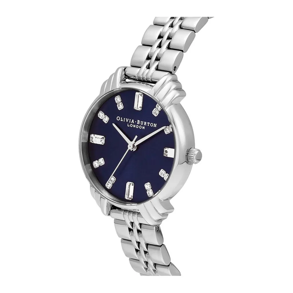OLIVIA BURTON Montre Art Deco Bleu cadran argenté fond bleu bracelet acier argenté Discount