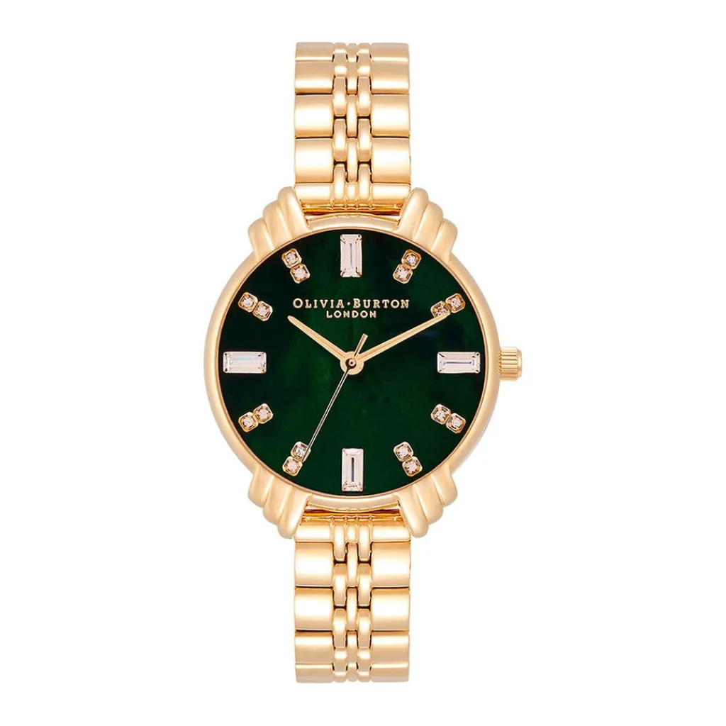 OLIVIA BURTON Montre Art Deco Vert cadran doré fond vert bracelet acier doré Clearance