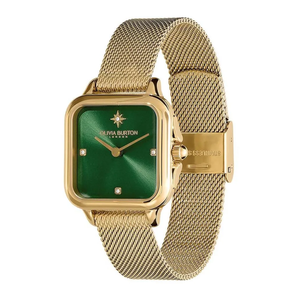 OLIVIA BURTON Montre Grosvenor Vert cadran doré fond vert bracelet acier doré
