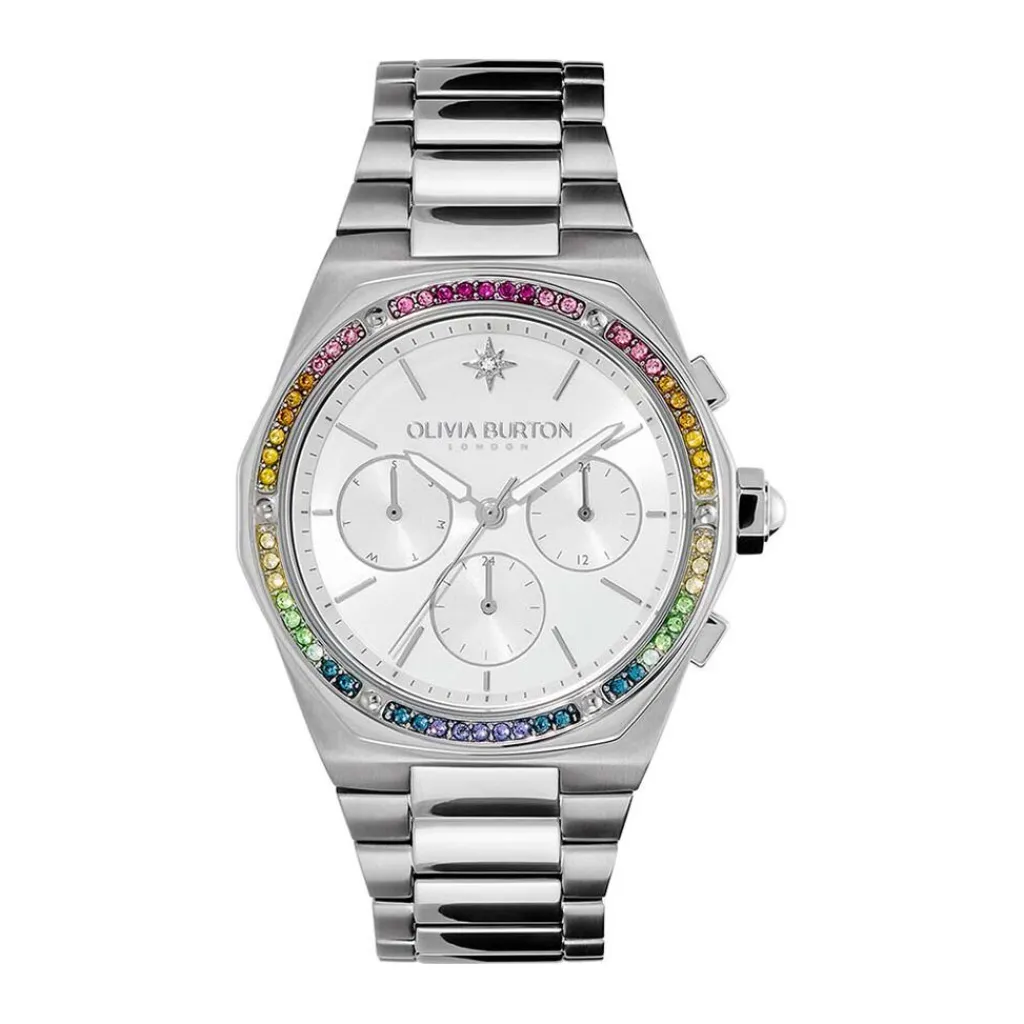 OLIVIA BURTON Montre Hexa Multifonction Argenté cadran argenté fond argenté bracelet acier blanc Sale
