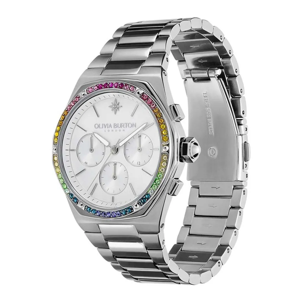 OLIVIA BURTON Montre Hexa Multifonction Argenté cadran argenté fond argenté bracelet acier blanc Sale