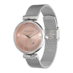 OLIVIA BURTON Montre Minima Bee Rose cadran argenté fond rose bracelet acier blanc Hot