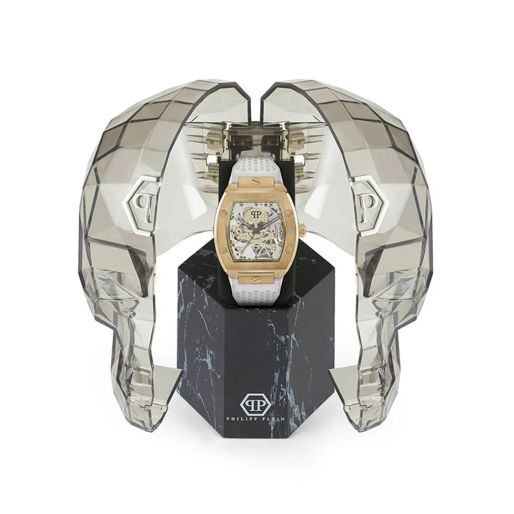 PHILIPP PLEIN Montre The Skeleton Bicolore cadran doré fond bicolore bracelet silicone blanc New