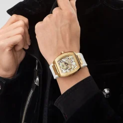 PHILIPP PLEIN Montre The Skeleton Bicolore cadran doré fond bicolore bracelet silicone blanc New