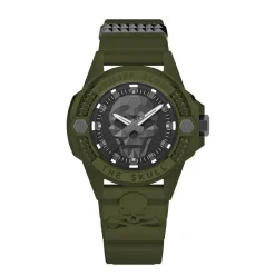 PHILIPP PLEIN Montre The Skull Ecoceramic Noir cadran vert fond noir bracelet silicone vert New