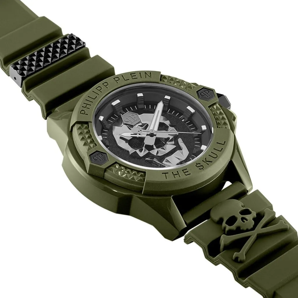 PHILIPP PLEIN Montre The Skull Ecoceramic Noir cadran vert fond noir bracelet silicone vert New