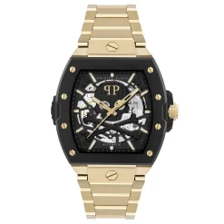 PHILIPP PLEIN Montre The $keleton 2.0 Noir cadran noir fond noir bracelet acier doré Sale