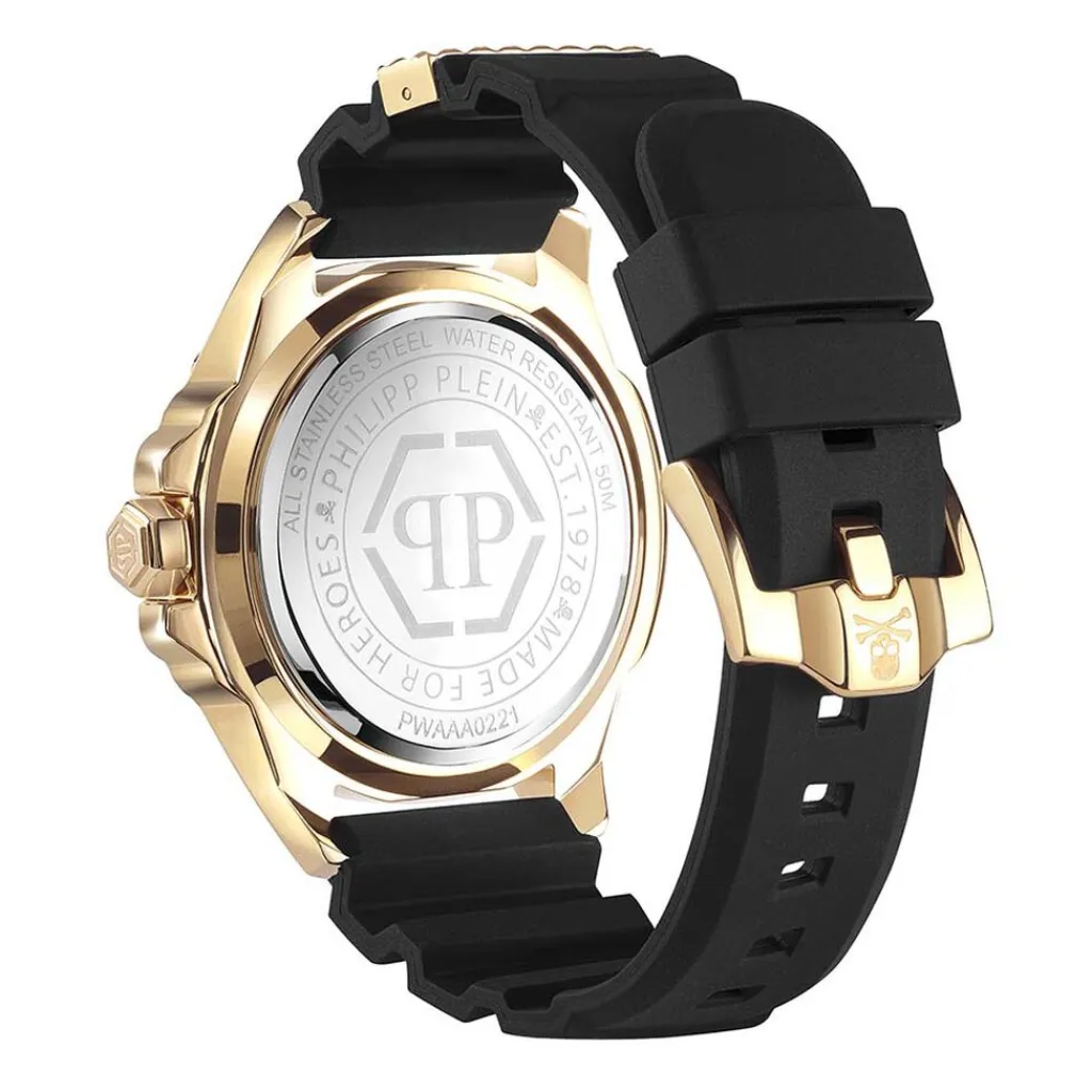 PHILIPP PLEIN Montre The $kull Noir cadran doré fond noir bracelet silicone noir Outlet