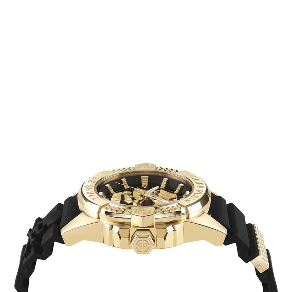PHILIPP PLEIN Montre The $kull Noir cadran doré fond noir bracelet silicone noir Outlet
