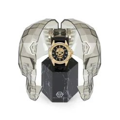 PHILIPP PLEIN Montre The $kull Noir cadran doré fond noir bracelet silicone noir Outlet