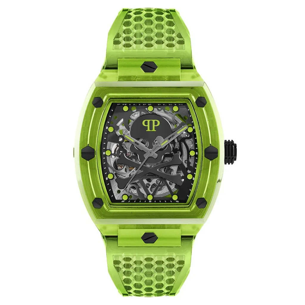 PHILIPP PLEIN Montre The $keleton Crystal Noir cadran vert fond noir bracelet résine vert