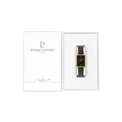 PIERRE LANNIER Montre Ariane Noir cadran doré fond noir bracelet cuir noir New