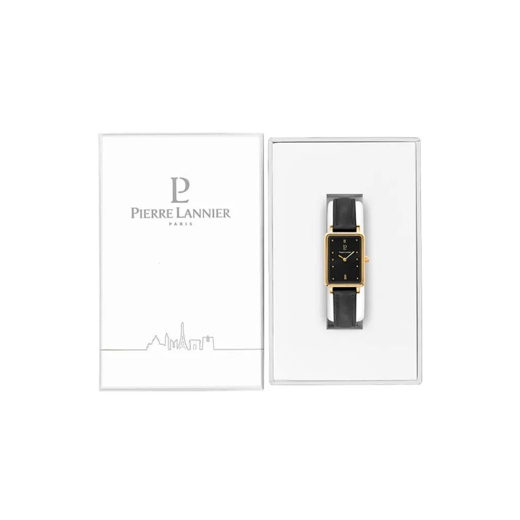 PIERRE LANNIER Montre Ariane Noir cadran doré fond noir bracelet cuir noir New