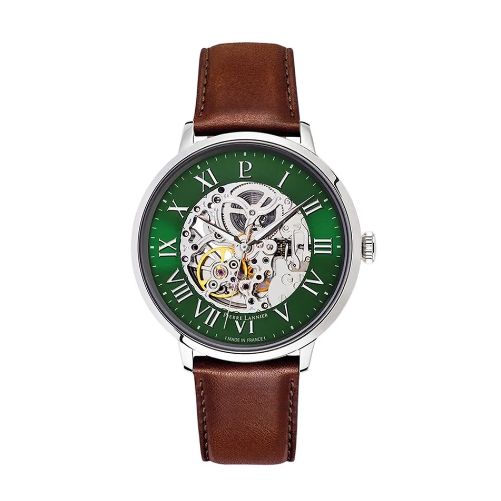 PIERRE LANNIER Montre Automatique 42 Vert cadran argenté fond vert bracelet cuir de vache marron Best