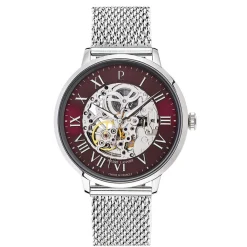 PIERRE LANNIER Montre Automatique 42 Bordeaux cadran argenté fond bordeaux bracelet acier argenté Hot