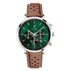 PIERRE LANNIER Montre Baron Vert cadran argenté fond vert bracelet cuir marron Best