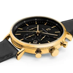 PIERRE LANNIER Montre Baron Noir cadran doré fond noir bracelet cuir noir Discount