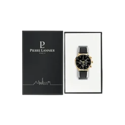 PIERRE LANNIER Montre Baron Noir cadran doré fond noir bracelet cuir noir Discount