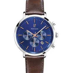 PIERRE LANNIER Montre Baron Bleu cadran argenté fond bleu bracelet cuir brun Outlet