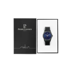 PIERRE LANNIER Montre Candide Bleu cadran noir fond bleu bracelet cuir noir Hot