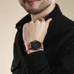 PIERRE LANNIER Montre Candide Noir cadran noir fond noir bracelet cuir camel Discount