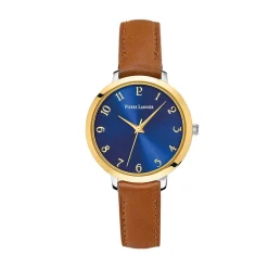 PIERRE LANNIER Montre Chouquette Bleu cadran bicolore jaune / blanc fond bleu bracelet cuir marron