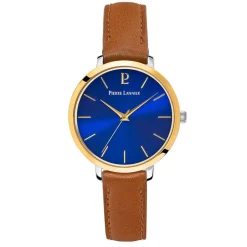 PIERRE LANNIER Montre Chouquette Bleu cadran argenté fond bleu bracelet cuir brun Clearance