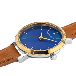 PIERRE LANNIER Montre Chouquette Bleu cadran argenté fond bleu bracelet cuir brun Clearance