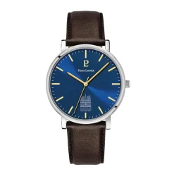 PIERRE LANNIER Montre Coeur Battant Bleu cadran argenté fond bleu bracelet cuir de vache marron New