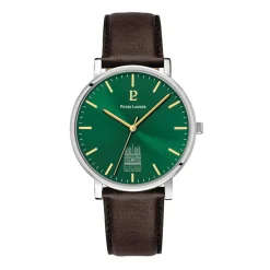 PIERRE LANNIER Montre Coeur Battant Vert cadran argenté fond vert bracelet cuir de vache marron Hot