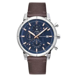 PIERRE LANNIER Montre Criterium Bleu cadran argenté fond bleu bracelet cuir brun