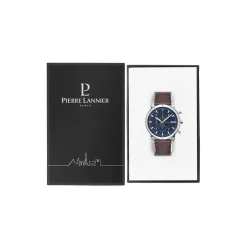 PIERRE LANNIER Montre Criterium Bleu cadran argenté fond bleu bracelet cuir brun