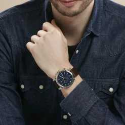 PIERRE LANNIER Montre Criterium Bleu cadran argenté fond bleu bracelet cuir brun