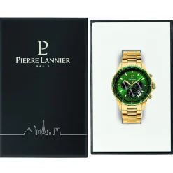 PIERRE LANNIER Montre Cronos Vert cadran doré fond vert bracelet acier doré Best