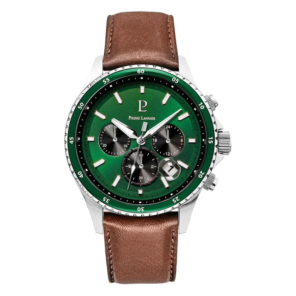 PIERRE LANNIER Montre Cronos Vert cadran argenté fond vert bracelet cuir marron Discount
