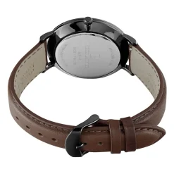 PIERRE LANNIER Montre Data Noir cadran noir fond noir bracelet cuir de veau marron