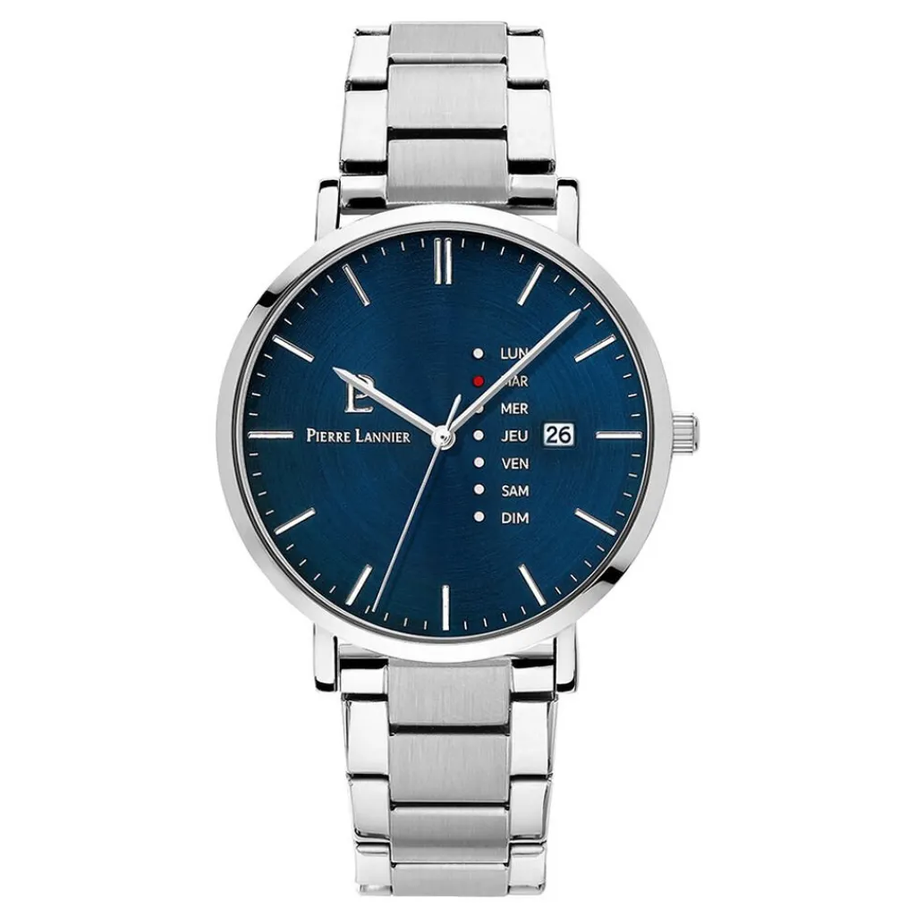 PIERRE LANNIER Montre Data Bleu cadran argenté fond bleu bracelet acier argenté Online