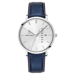 PIERRE LANNIER Montre Data Argenté cadran argenté fond argenté bracelet cuir de veau bleu