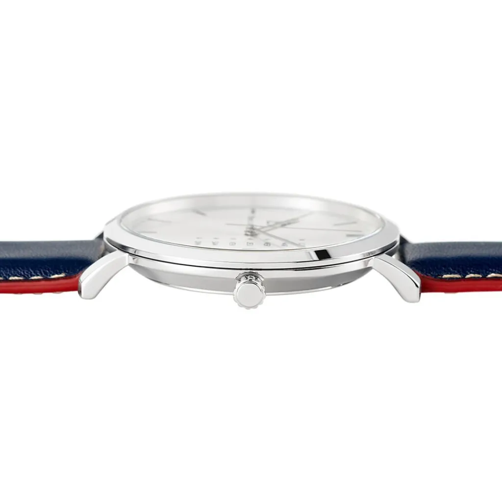 PIERRE LANNIER Montre Data Argenté cadran argenté fond argenté bracelet cuir de veau bleu