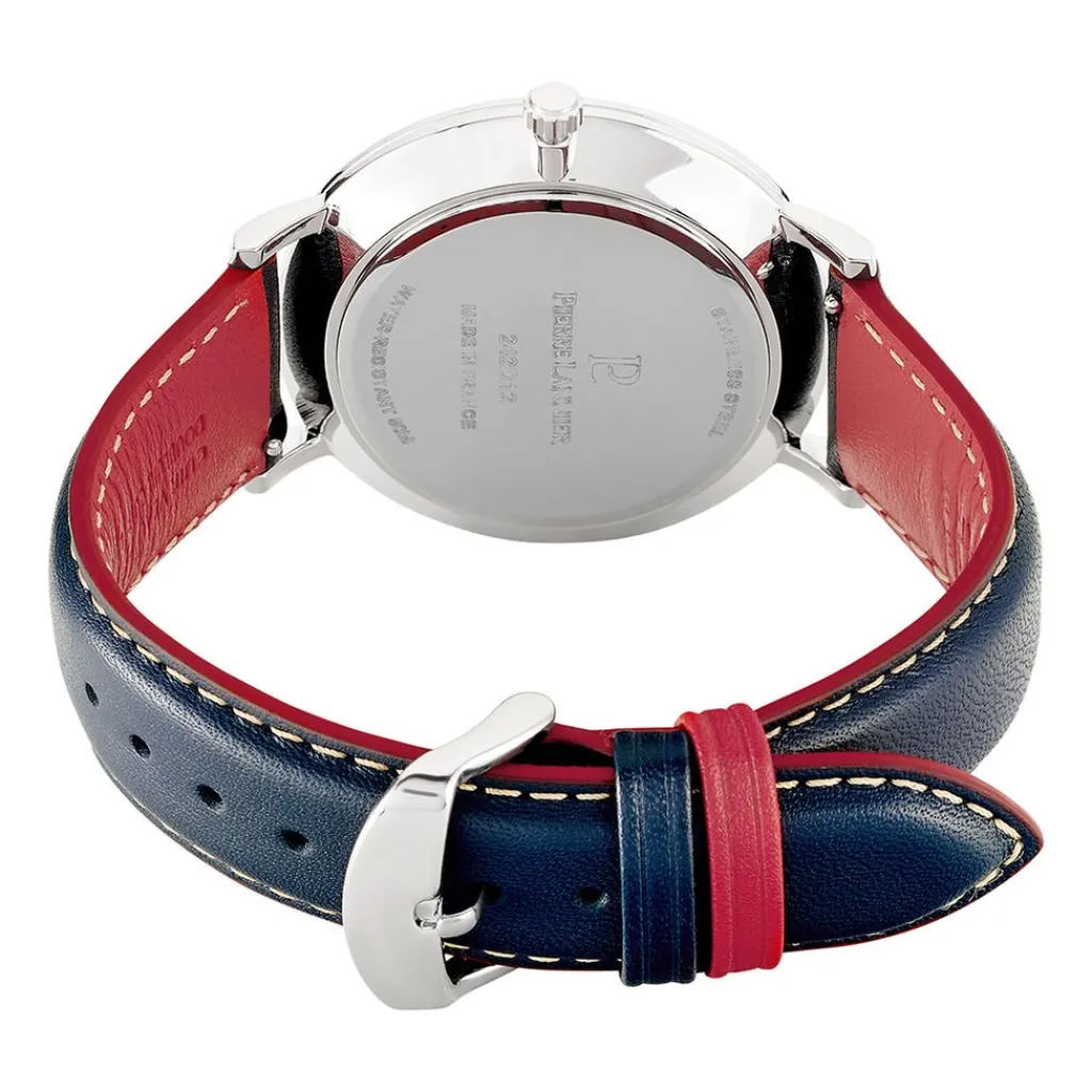 PIERRE LANNIER Montre Data Argenté cadran argenté fond argenté bracelet cuir de veau bleu