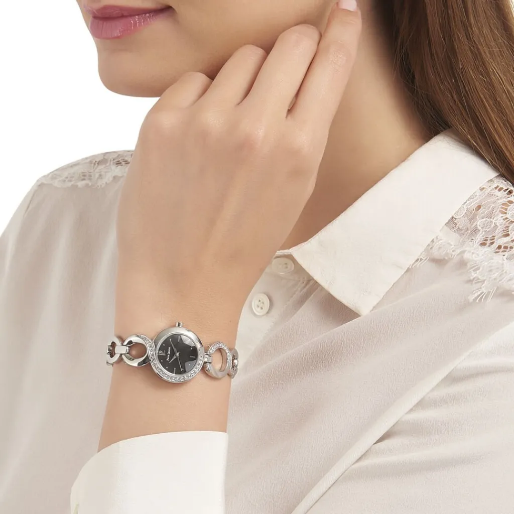 PIERRE LANNIER Montre Elegance Seduction Noir cadran argenté fond noir bracelet acier argenté Hot