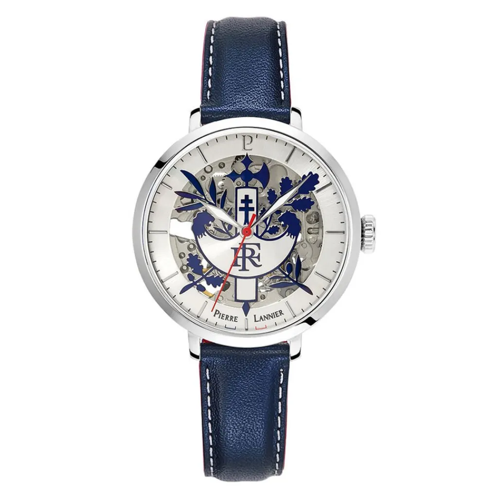 PIERRE LANNIER Montre Elysee Argenté cadran argenté fond argenté bracelet cuir de veau bleu Sale