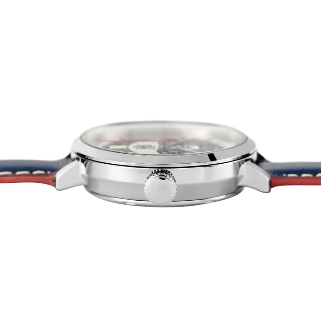 PIERRE LANNIER Montre Elysee Argenté cadran argenté fond argenté bracelet cuir de veau bleu Sale
