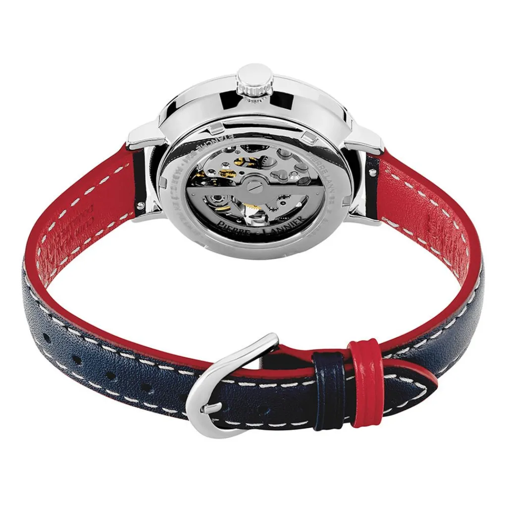 PIERRE LANNIER Montre Elysee Argenté cadran argenté fond argenté bracelet cuir de veau bleu Sale